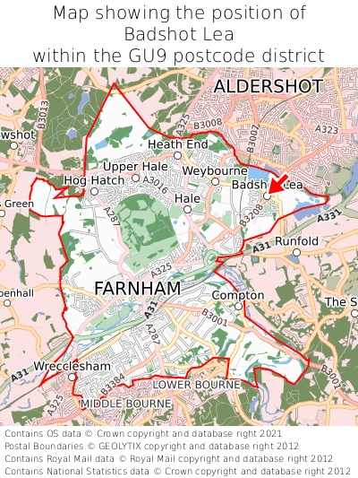 Map showing location of Badshot Lea within GU9