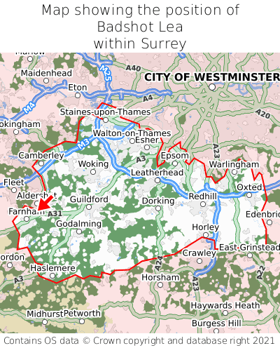 Map showing location of Badshot Lea within Surrey