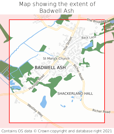Map showing extent of Badwell Ash as bounding box