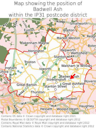 Map showing location of Badwell Ash within IP31