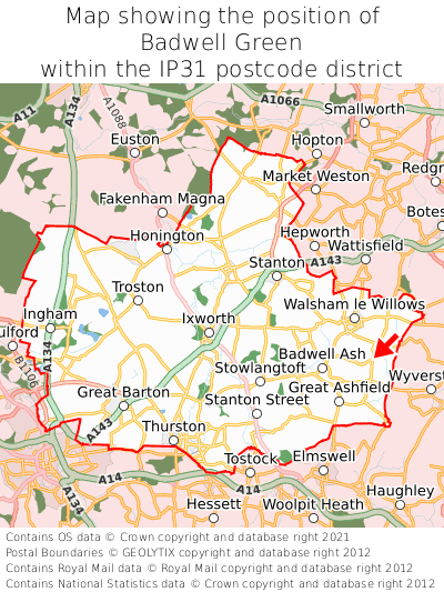 Map showing location of Badwell Green within IP31