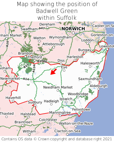 Map showing location of Badwell Green within Suffolk