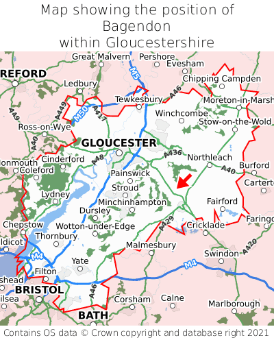 Map showing location of Bagendon within Gloucestershire