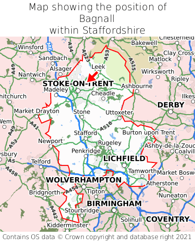 Map showing location of Bagnall within Staffordshire