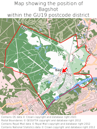 Map showing location of Bagshot within GU19