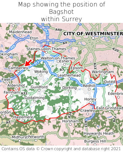 Map showing location of Bagshot within Surrey