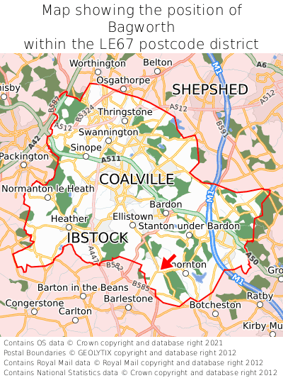 Map showing location of Bagworth within LE67