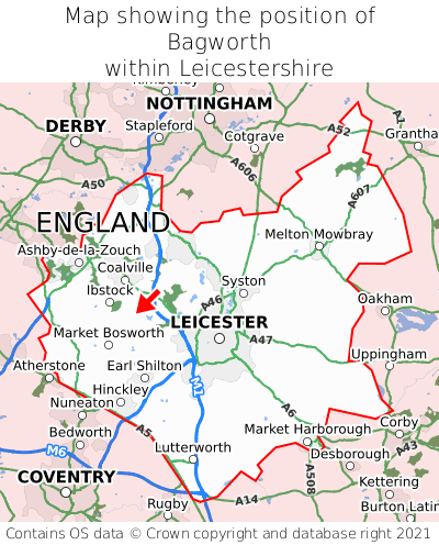 Map showing location of Bagworth within Leicestershire
