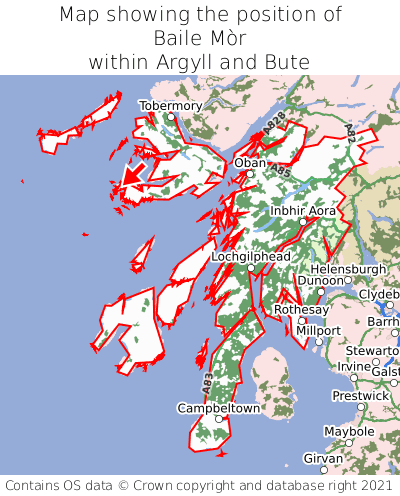 Map showing location of Baile Mòr within Argyll and Bute