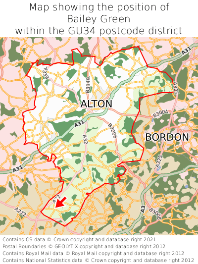 Map showing location of Bailey Green within GU34