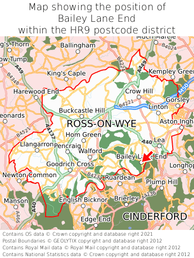 Map showing location of Bailey Lane End within HR9