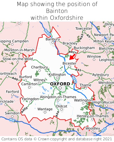 Map showing location of Bainton within Oxfordshire