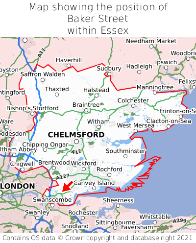 Map showing location of Baker Street within Essex