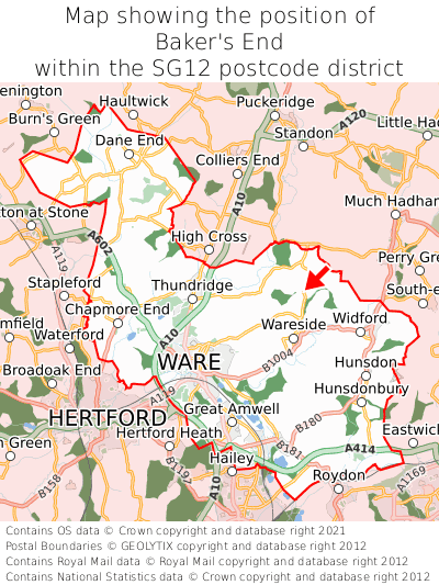 Map showing location of Baker's End within SG12
