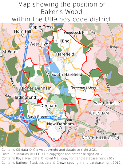 Map showing location of Baker's Wood within UB9