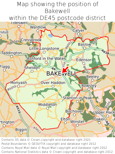 Map showing location of Bakewell within DE45