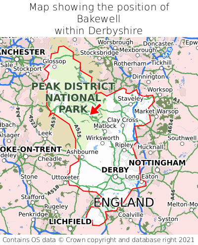 Map showing location of Bakewell within Derbyshire