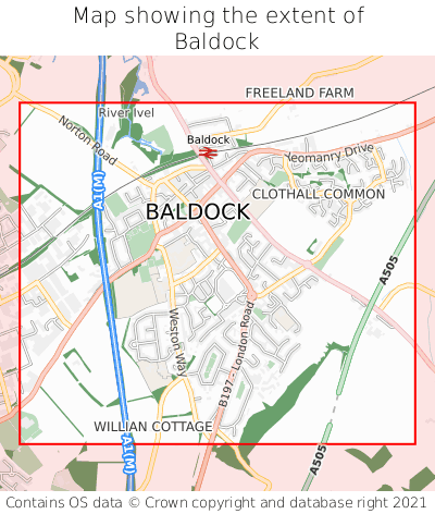 Map showing extent of Baldock as bounding box