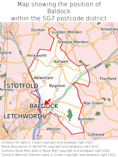 Map showing location of Baldock within SG7