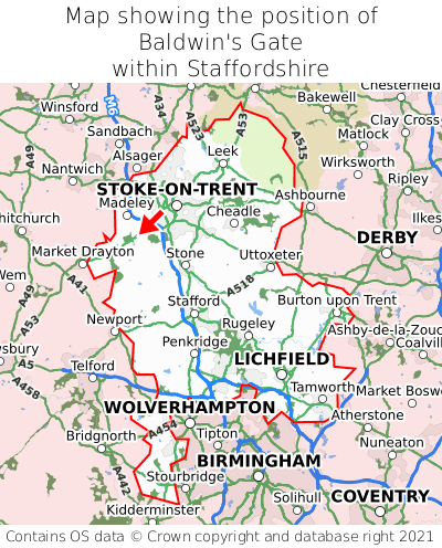 Map showing location of Baldwin's Gate within Staffordshire