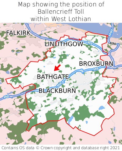 Map showing location of Ballencrieff Toll within West Lothian