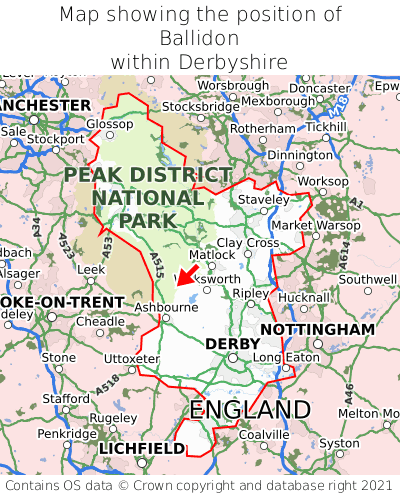 Map showing location of Ballidon within Derbyshire