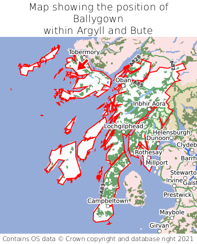 Map showing location of Ballygown within Argyll and Bute
