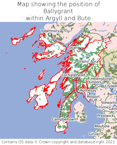 Map showing location of Ballygrant within Argyll and Bute