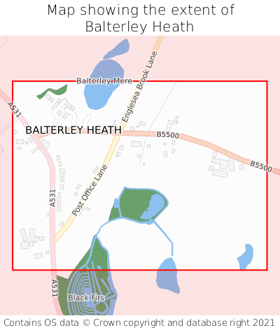 Map showing extent of Balterley Heath as bounding box