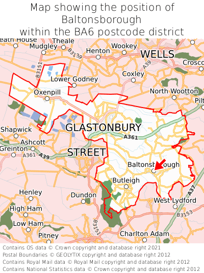 Map showing location of Baltonsborough within BA6