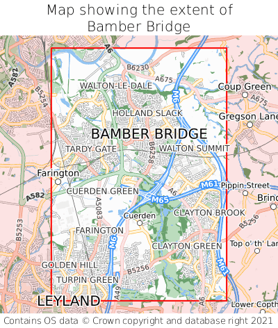 Map showing extent of Bamber Bridge as bounding box