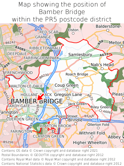 Map showing location of Bamber Bridge within PR5