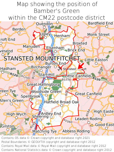 Map showing location of Bamber's Green within CM22