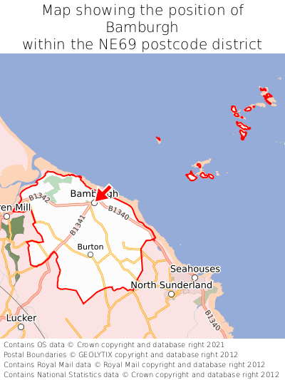 Map showing location of Bamburgh within NE69