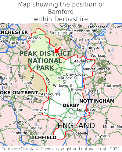 Map showing location of Bamford within Derbyshire