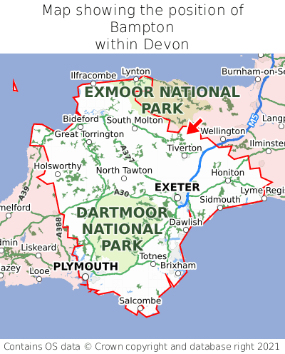 Map showing location of Bampton within Devon