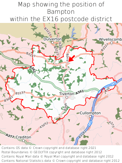Map showing location of Bampton within EX16