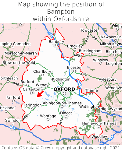 Map showing location of Bampton within Oxfordshire