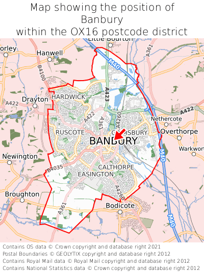 Map showing location of Banbury within OX16