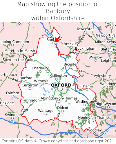 Map showing location of Banbury within Oxfordshire