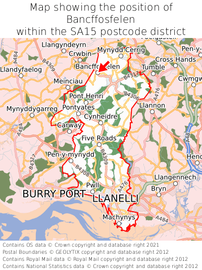 Map showing location of Bancffosfelen within SA15