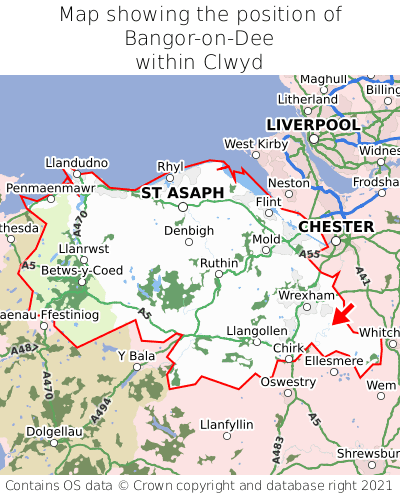 Map showing location of Bangor-on-Dee within Clwyd