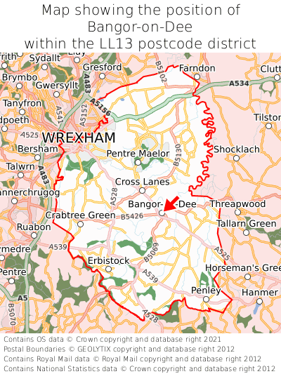 Map showing location of Bangor-on-Dee within LL13