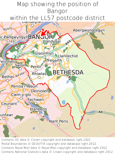 Map showing location of Bangor within LL57