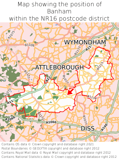 Map showing location of Banham within NR16