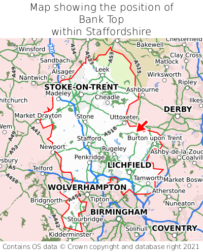 Map showing location of Bank Top within Staffordshire
