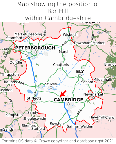 Map showing location of Bar Hill within Cambridgeshire
