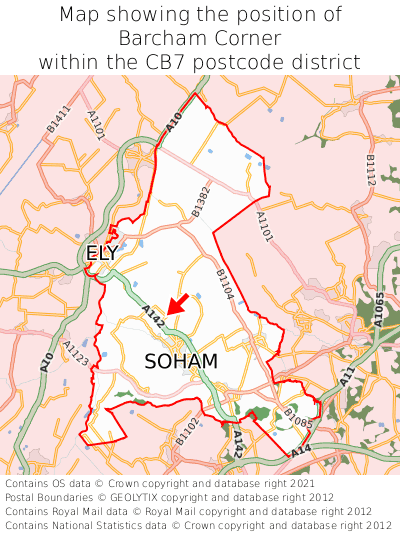 Map showing location of Barcham Corner within CB7