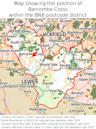 Map showing location of Barcombe Cross within BN8