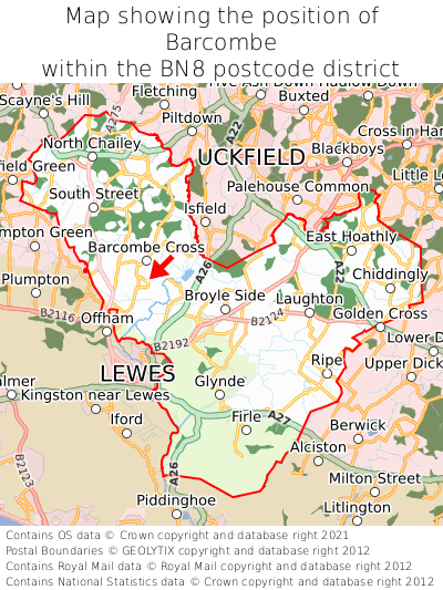 Map showing location of Barcombe within BN8